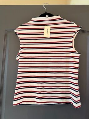 Sleeveless Striped Polo Tank Top - White with Red & Navy Stripes